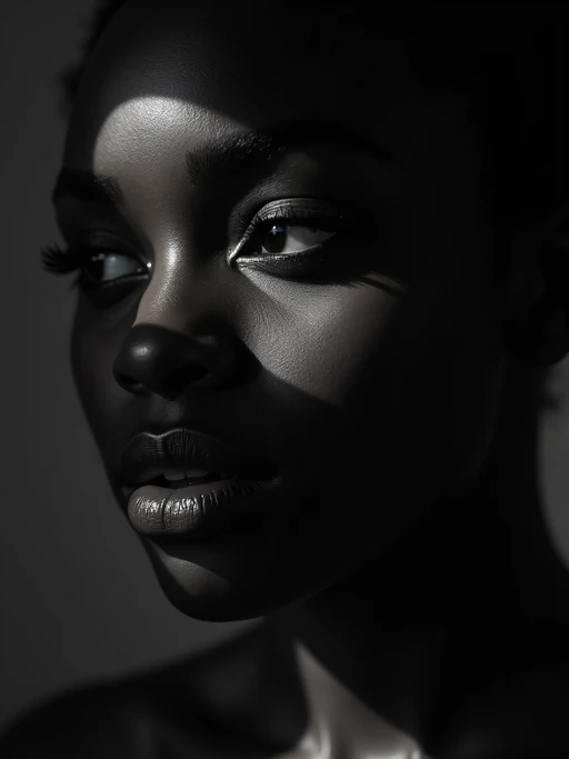Black and white close-up portrait of model with dramatic shadows. if(gender=f){Sensual features enhanced by shadow play} if(gender=m){Strong jawline emphasized by contrast}. High contrast lighting, artistic composition.