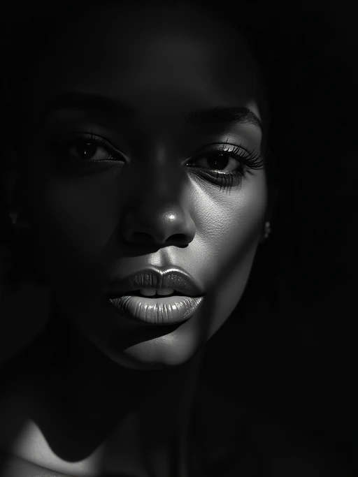 Black and white close-up portrait of model with dramatic shadows. if(gender=f){Sensual features enhanced by shadow play} if(gender=m){Strong jawline emphasized by contrast}. High contrast lighting, artistic composition.