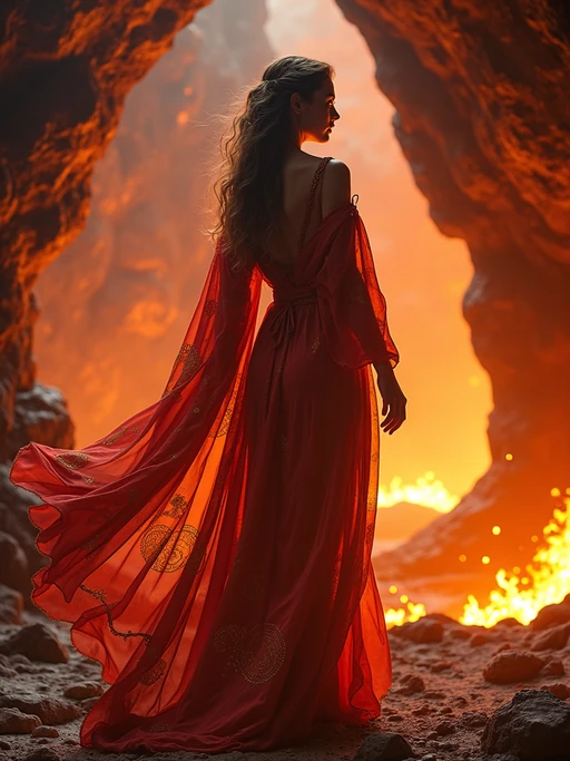 Model inside a magical lava cave surrounded by glowing crystals and firelight. if(gender=f){Wearing a flowing fireproof robe with arcane runes} if(gender=m){Wearing enchanted leather armor with glowing glyphs}. Fantasy RPG style, molten rock, ritual atmosphere.