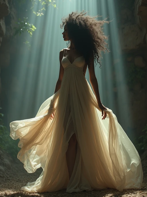 Full body dreamy portrait of model. if(gender=f){Complete ethereal look, flowing outfit, alluring pose} if(gender=m){Full silhouette in dreamy lighting}. Magical atmosphere.
