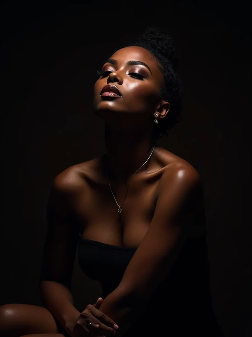 Sensual portrait of model with dramatic Rembrandt lighting. if(gender=f){Alluring pose, sultry makeup} if(gender=m){Intense gaze, confident expression}. Studio lighting setup, artistic composition.