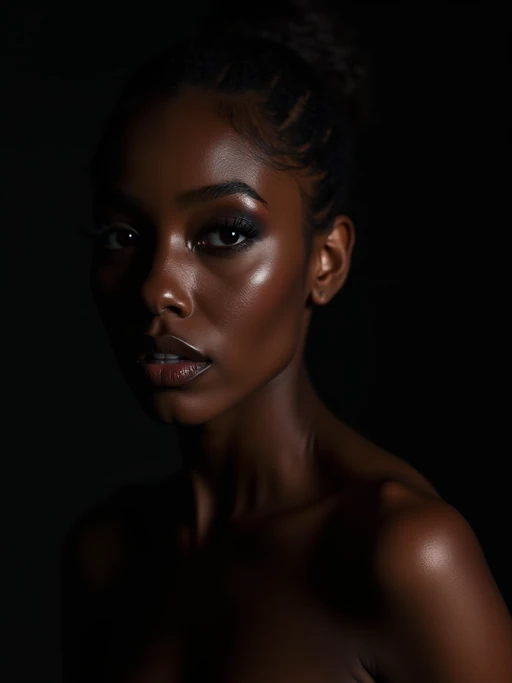 Sensual portrait of model with dramatic Rembrandt lighting. if(gender=f){Alluring pose, sultry makeup} if(gender=m){Intense gaze, confident expression}. Studio lighting setup, artistic composition.