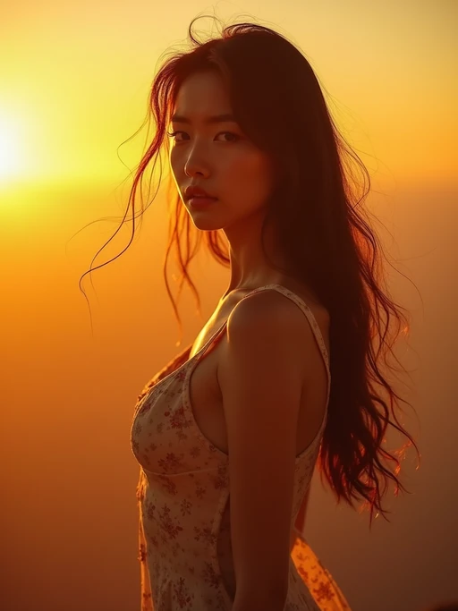 Full body golden hour candid of model. if(gender=f){Alluring full body pose in warm light} if(gender=m){Complete candid moment in sunset}. Golden hour documentary style.