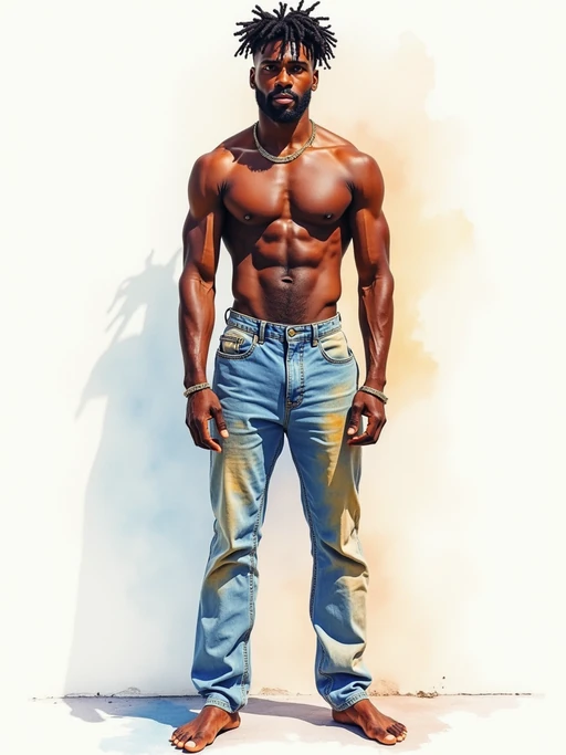 Full body artistic portrait of model as a watercolor painting. if(gender=f){Graceful pose, soft flowing colors} if(gender=m){Strong stance, vibrant hues}. Delicate brushwork, ethereal quality.