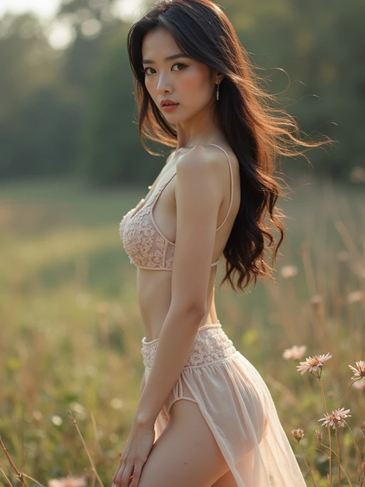 Full body outdoor portrait of model. if(gender=f){Alluring pose in outdoor setting} if(gender=m){Complete look in natural environment}. Outdoor photography.