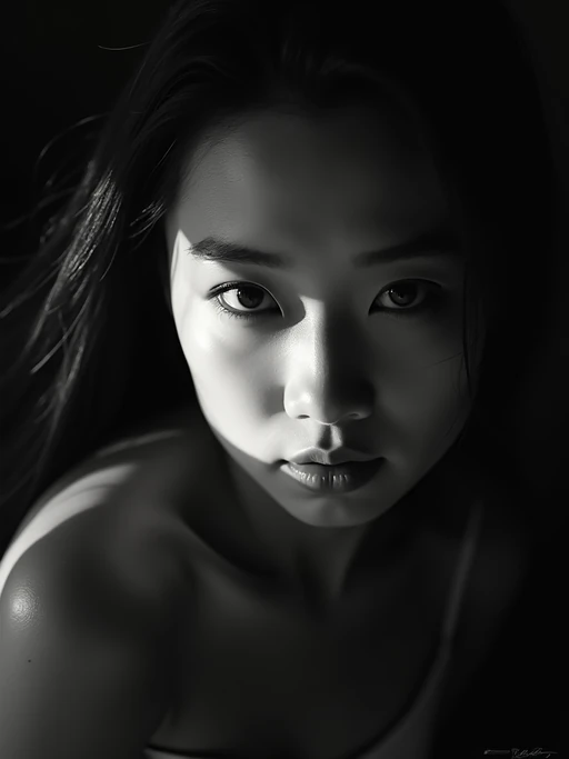 Black and white close-up portrait of model with dramatic shadows. if(gender=f){Sensual features enhanced by shadow play} if(gender=m){Strong jawline emphasized by contrast}. High contrast lighting, artistic composition.