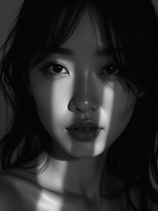 Black and white close-up portrait of model with dramatic shadows. if(gender=f){Sensual features enhanced by shadow play} if(gender=m){Strong jawline emphasized by contrast}. High contrast lighting, artistic composition.