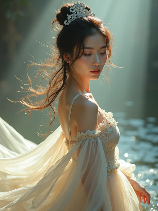 Full body dreamy portrait of model. if(gender=f){Complete ethereal look, flowing outfit, alluring pose} if(gender=m){Full silhouette in dreamy lighting}. Magical atmosphere.