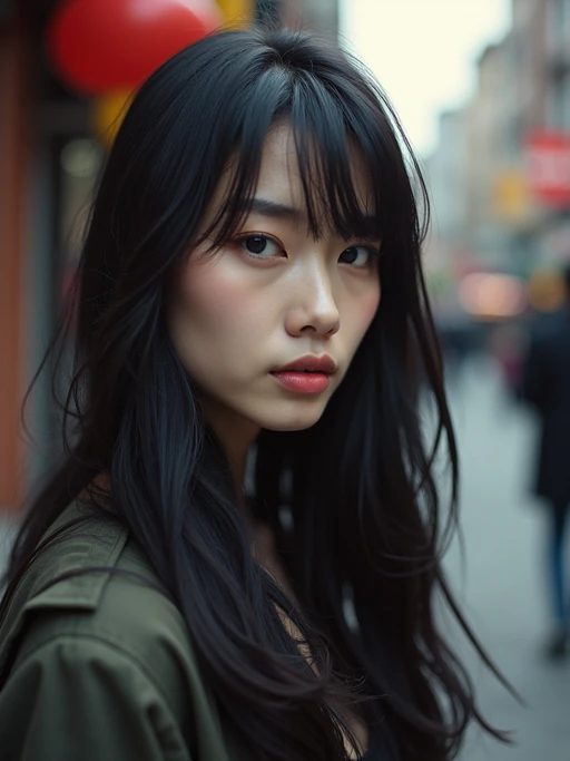 Model in a candid street photography style. if(gender=f){Sensual expression, urban setting} if(gender=m){Intense moment, city backdrop}. Documentary photography aesthetic.