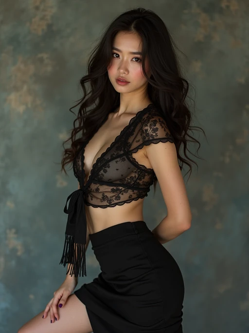 Artistic fashion portrait of model. if(gender=f){Stylish outfit, seductive pose} if(gender=m){Fashion-forward look, intense stance}. Creative composition, professional lighting.