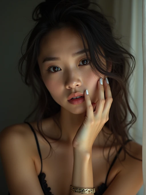Model in an intimate environmental portrait. if(gender=f){Alluring pose, soft natural lighting} if(gender=m){Intense pose, warm lighting}. Documentary style photography.