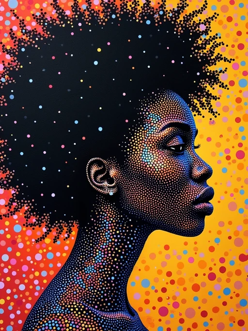 Model transformed into a pointillist painting. if(gender=f){Dotted texture, vibrant colors} if(gender=m){Detailed dots, artistic pattern}. Seurat-inspired style.