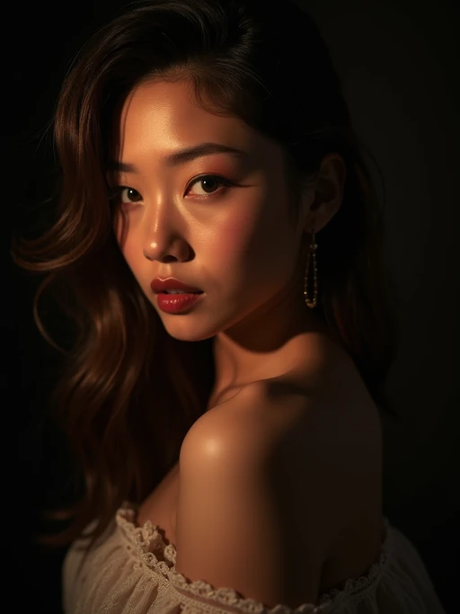 Sensual portrait of model with dramatic Rembrandt lighting. if(gender=f){Alluring pose, sultry makeup} if(gender=m){Intense gaze, confident expression}. Studio lighting setup, artistic composition.