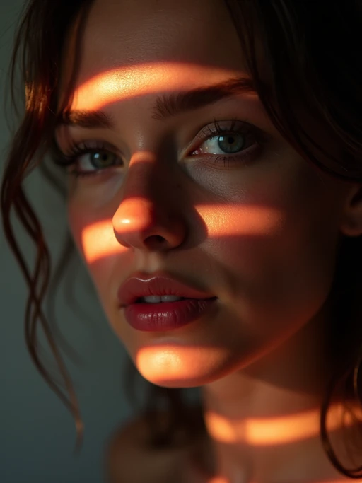 Artistic close-up of model with creative lighting. if(gender=f){Unique lighting patterns across face, sensual expression} if(gender=m){Dramatic shadows creating visual interest}. Experimental photography style.