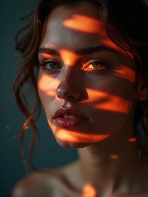 Artistic close-up of model with creative lighting. if(gender=f){Unique lighting patterns across face, sensual expression} if(gender=m){Dramatic shadows creating visual interest}. Experimental photography style.