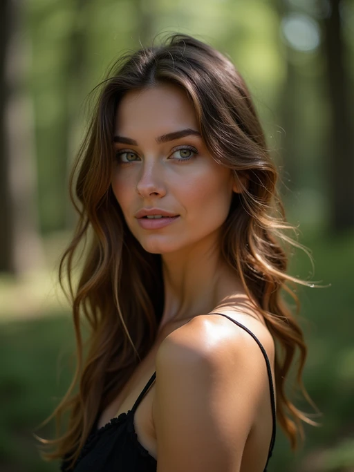 Model in a natural outdoor portrait. if(gender=f){Soft natural light through trees, sensual shadows} if(gender=m){Warm sunlight filtering through leaves}. Environmental portrait, organic lighting.