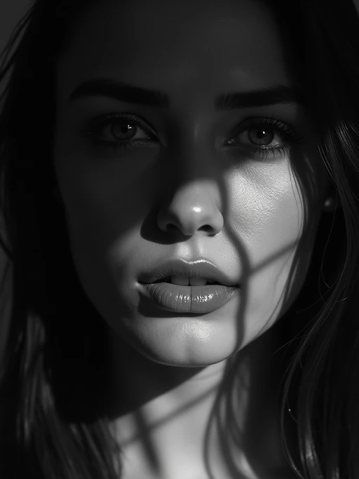 Black and white close-up portrait of model with dramatic shadows. if(gender=f){Sensual features enhanced by shadow play} if(gender=m){Strong jawline emphasized by contrast}. High contrast lighting, artistic composition.