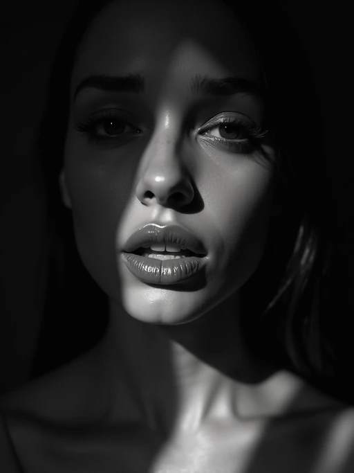 Black and white close-up portrait of model with dramatic shadows. if(gender=f){Sensual features enhanced by shadow play} if(gender=m){Strong jawline emphasized by contrast}. High contrast lighting, artistic composition.