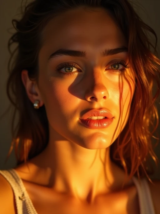 Extreme close-up portrait of model with golden hour lighting. if(gender=f){Glowing skin, sensual features highlighted} if(gender=m){Strong facial features, warm shadows}. Dramatic side lighting, cinematic quality.