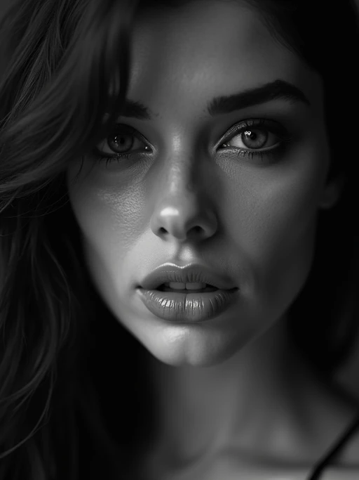 Black and white close-up portrait of model with creative lighting. if(gender=f){Sensual features, dramatic makeup} if(gender=m){Strong features, dramatic shadows}. High contrast black and white photography.