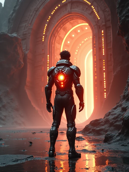 Model standing at the entrance of a glowing alien reactor base. if(gender=f){Wearing a sleek tactical bodysuit with neon accents} if(gender=m){Wearing an armored exo-suit with glowing core}. Sci-fi terrain, cinematic lighting, ultra-detailed tech base, 3D render style.