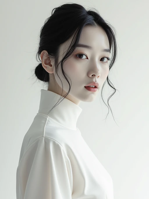 Model transformed into a minimalist art piece. if(gender=f){Clean lines, simple composition} if(gender=m){Bold shapes, negative space}. Modern minimalist style.