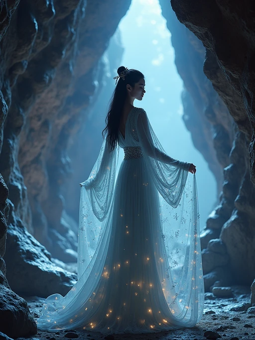 Model inside a glowing crystal cave, energy pulsing from the walls. if(gender=f){Wearing magical robes with floating ornaments} if(gender=m){Wearing armored robes with enchanted gauntlets}. High-fantasy tone, rich color palette, underground magic.