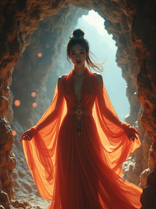 Model inside a glowing crystal cave, energy pulsing from the walls. if(gender=f){Wearing magical robes with floating ornaments} if(gender=m){Wearing armored robes with enchanted gauntlets}. High-fantasy tone, rich color palette, underground magic.