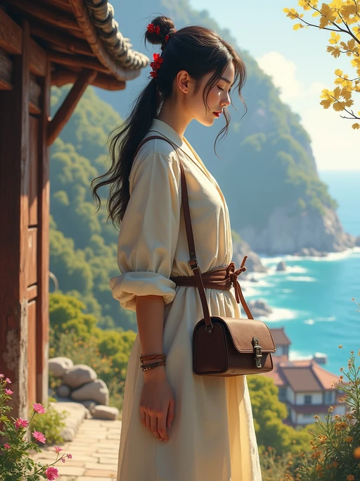 Model standing outside a wooden village by the sea. if(gender=f){Wearing linen travel dress, satchel, windswept hair} if(gender=m){Wearing leather vest and rugged boots, carrying tools}. Coastal RPG setting, colorful trees, painterly sunlight.