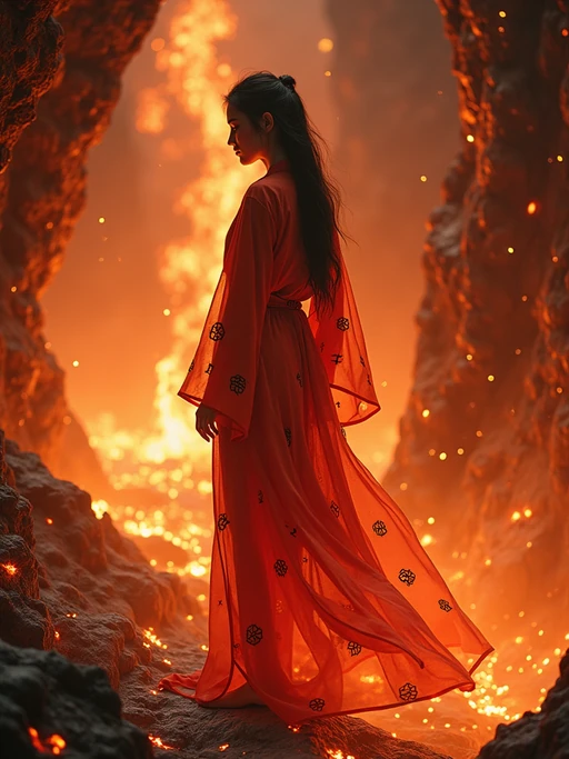 Model inside a magical lava cave surrounded by glowing crystals and firelight. if(gender=f){Wearing a flowing fireproof robe with arcane runes} if(gender=m){Wearing enchanted leather armor with glowing glyphs}. Fantasy RPG style, molten rock, ritual atmosphere.