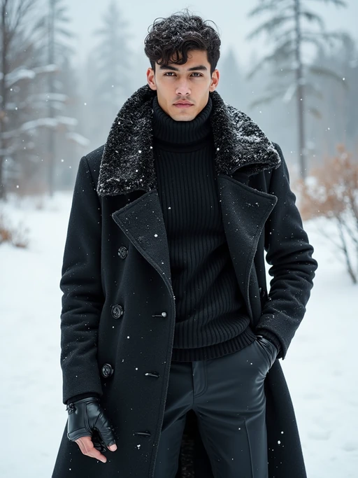 insanely beautiful model in a winter fashion editorial. if(gender=f){Wearing designer winter wear, seasonal pose} if(gender=m){Wearing luxury cold-weather fashion, commanding stance}. Snowy backdrop, winter fashion photography.