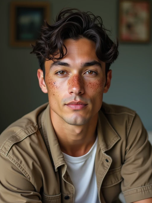 insanely beautiful model with freckles in a commercial lifestyle shoot. if(gender=f){Wearing everyday luxury, relatable pose} if(gender=m){Wearing premium casual wear, natural expression}. Lifestyle setting, commercial photography.