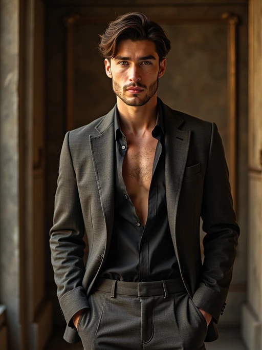 full body photo of insanely beautiful model with freckles in a luxury brand campaign. if(gender=f){Wearing high-end accessories, sophisticated pose} if(gender=m){Wearing premium fashion, elegant stance}. Upscale environment, luxury photography.