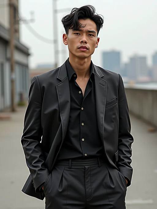 Fashion insanely beautiful model on location shoot. if(gender=f){Wearing seasonal collection pieces, dynamic pose} if(gender=m){Wearing fashion-forward outfit, strong presence}. Urban backdrop, professional fashion photography.