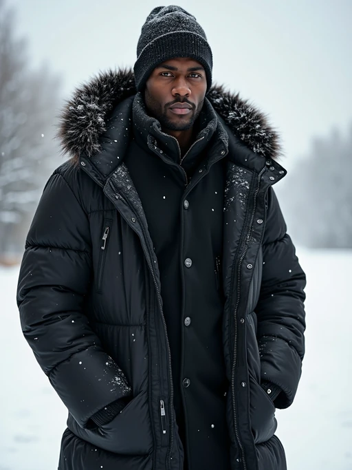 insanely beautiful model in a winter fashion editorial. if(gender=f){Wearing designer winter wear, seasonal pose} if(gender=m){Wearing luxury cold-weather fashion, commanding stance}. Snowy backdrop, winter fashion photography.