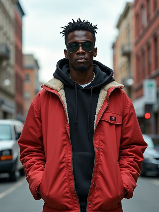insanely beautiful model in a streetwear campaign. if(gender=f){Wearing urban luxury streetwear, dynamic pose} if(gender=m){Wearing high-end street fashion, urban stance}. City backdrop, contemporary fashion photography.