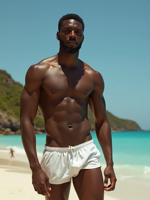 insanely beautiful model in a swimwear editorial. if(gender=f){Wearing designer swimwear, beach-ready pose} if(gender=m){Wearing premium swim trunks, confident stance}. Tropical setting, fashion photography.