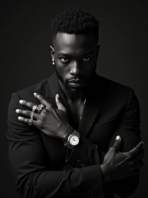 insanely beautiful model in a high-end jewelry campaign. if(gender=f){Wearing statement jewelry pieces, elegant pose} if(gender=m){Wearing luxury timepieces, sophisticated stance}. Dramatic lighting, luxury product photography.