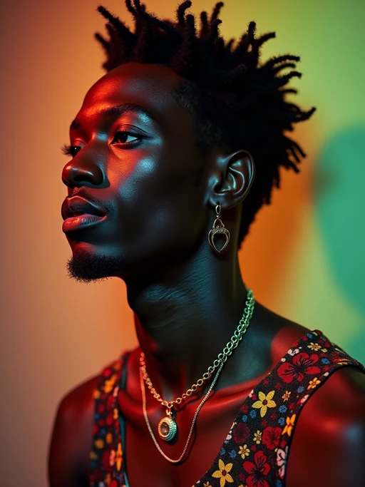 insanely beautiful model in a creative fashion editorial. if(gender=f){Wearing artistic fashion pieces, expressive pose} if(gender=m){Wearing creative fashion, dynamic expression}. Artistic lighting, fashion magazine style.