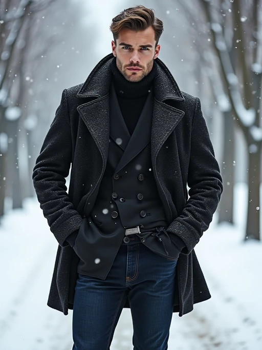 insanely beautiful model in a winter fashion editorial. if(gender=f){Wearing designer winter wear, seasonal pose} if(gender=m){Wearing luxury cold-weather fashion, commanding stance}. Snowy backdrop, winter fashion photography.