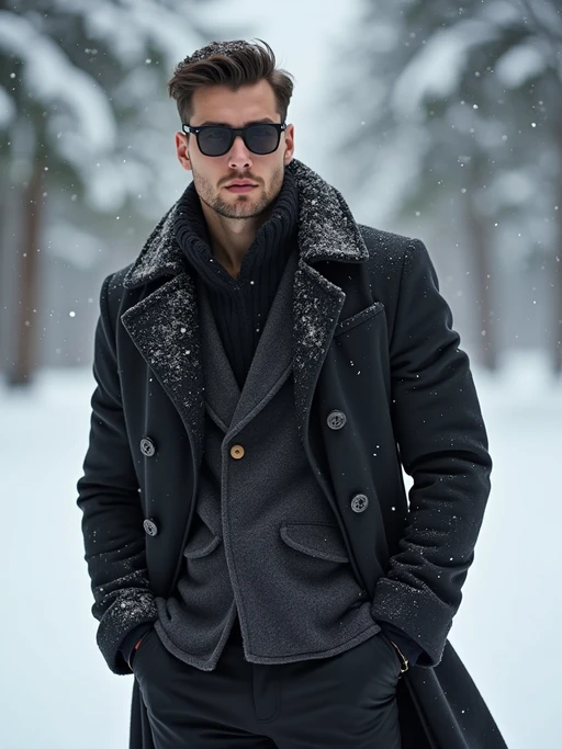 insanely beautiful model in a winter fashion editorial. if(gender=f){Wearing designer winter wear, seasonal pose} if(gender=m){Wearing luxury cold-weather fashion, commanding stance}. Snowy backdrop, winter fashion photography.