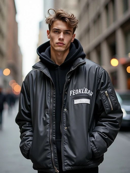 insanely beautiful model in a streetwear campaign. if(gender=f){Wearing urban luxury streetwear, dynamic pose} if(gender=m){Wearing high-end street fashion, urban stance}. City backdrop, contemporary fashion photography.