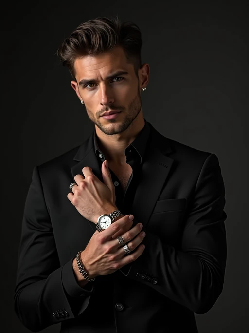 insanely beautiful model in a high-end jewelry campaign. if(gender=f){Wearing statement jewelry pieces, elegant pose} if(gender=m){Wearing luxury timepieces, sophisticated stance}. Dramatic lighting, luxury product photography.