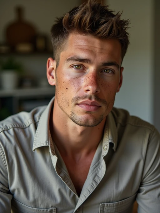 insanely beautiful model with freckles in a commercial lifestyle shoot. if(gender=f){Wearing everyday luxury, relatable pose} if(gender=m){Wearing premium casual wear, natural expression}. Lifestyle setting, commercial photography.