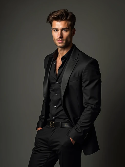 Professional fashion insanely beautiful model in a high-end studio. if(gender=f){Wearing designer couture, perfect runway posture} if(gender=m){Wearing luxury fashion, confident insanely beautiful model stance}. Editorial lighting, fashion magazine quality.
