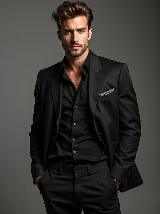 Professional fashion insanely beautiful model in a high-end studio. if(gender=f){Wearing designer couture, perfect runway posture} if(gender=m){Wearing luxury fashion, confident insanely beautiful model stance}. Editorial lighting, fashion magazine quality.