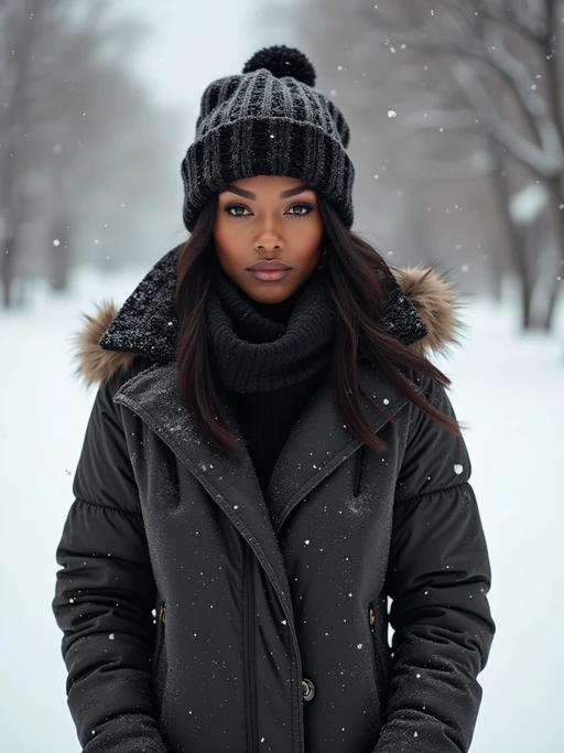 insanely beautiful model in a winter fashion editorial. if(gender=f){Wearing designer winter wear, seasonal pose} if(gender=m){Wearing luxury cold-weather fashion, commanding stance}. Snowy backdrop, winter fashion photography.