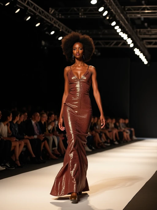 Runway insanely beautiful model in fashion show setting. if(gender=f){Wearing avant-garde fashion, dramatic walk pose} if(gender=m){Wearing high-fashion outfit, commanding presence}. Catwalk lighting, fashion show atmosphere.