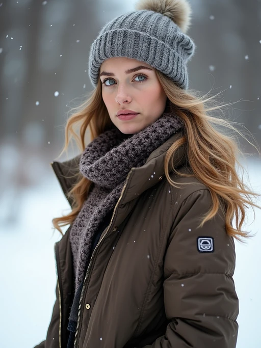 insanely beautiful model in a winter fashion editorial. if(gender=f){Wearing designer winter wear, seasonal pose} if(gender=m){Wearing luxury cold-weather fashion, commanding stance}. Snowy backdrop, winter fashion photography.