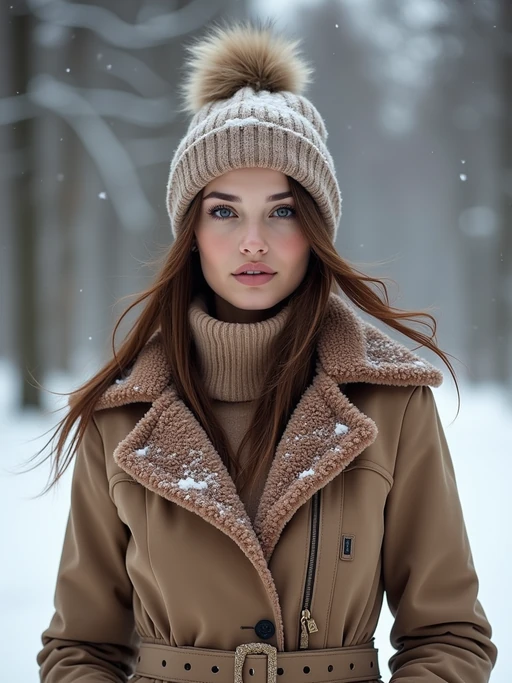 insanely beautiful model in a winter fashion editorial. if(gender=f){Wearing designer winter wear, seasonal pose} if(gender=m){Wearing luxury cold-weather fashion, commanding stance}. Snowy backdrop, winter fashion photography.